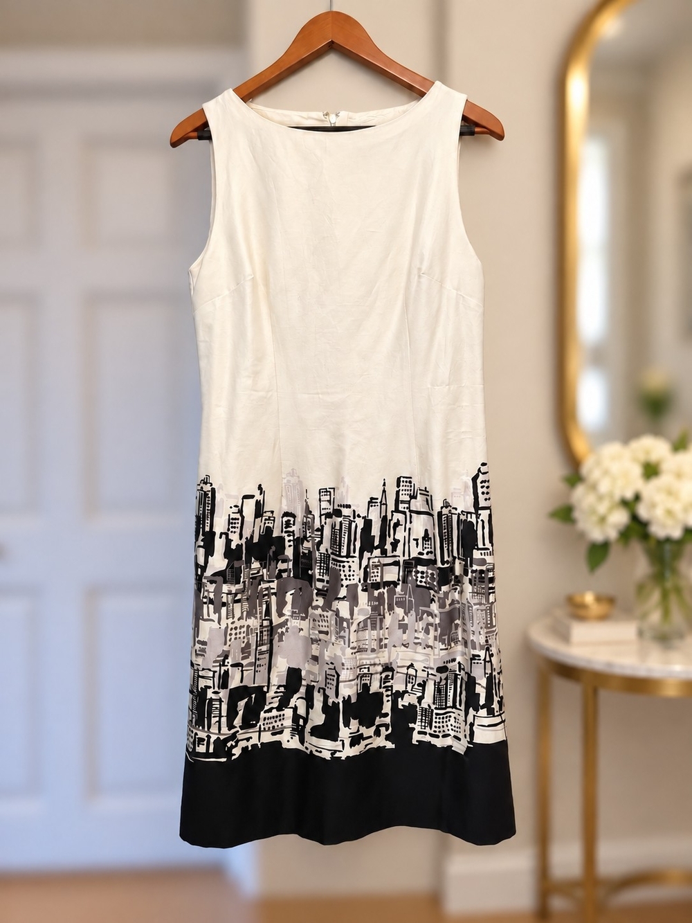 Chetta B Cityscape Print Cotton Shift Dress - Size 12